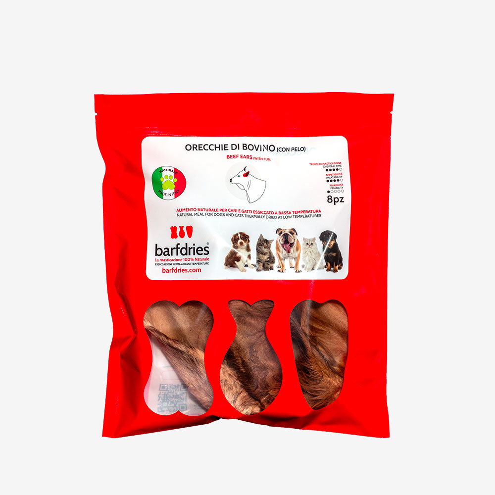 ORECCHIE DI BOVINO CON PELO 8PZ BARFDRIES - prodotto per la masticazione per cani