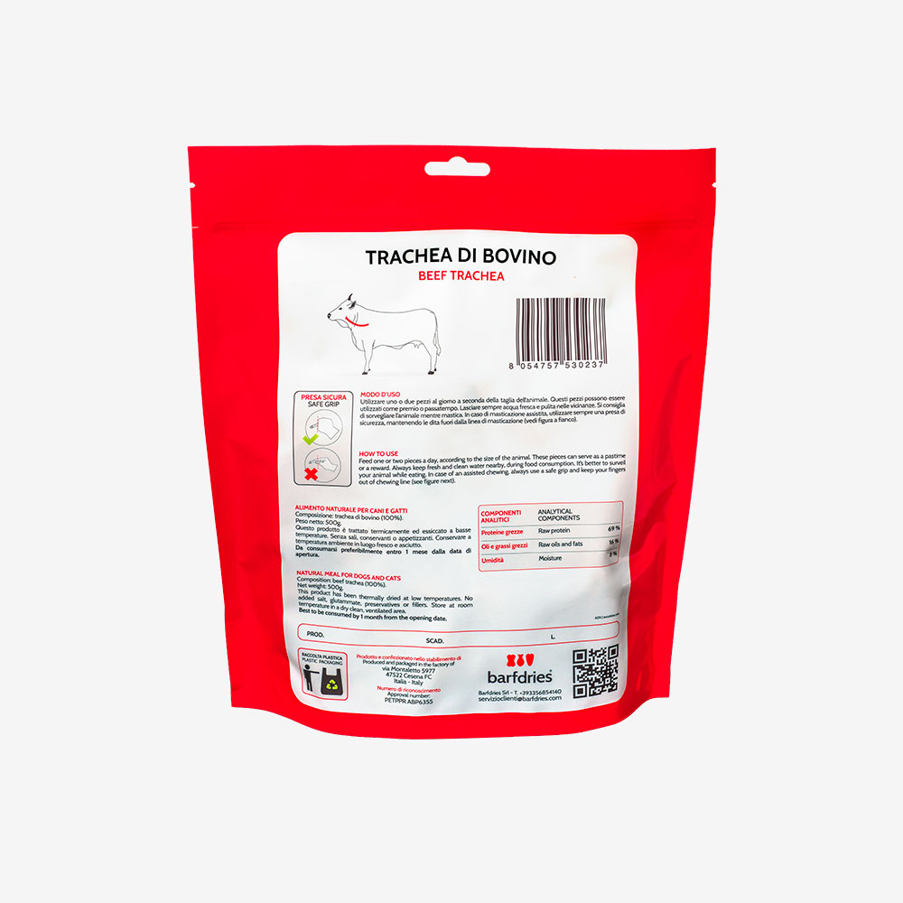 TRACHEA DI BOVINO 500GR BARFDRIES - prodotto per la masticazione per cani