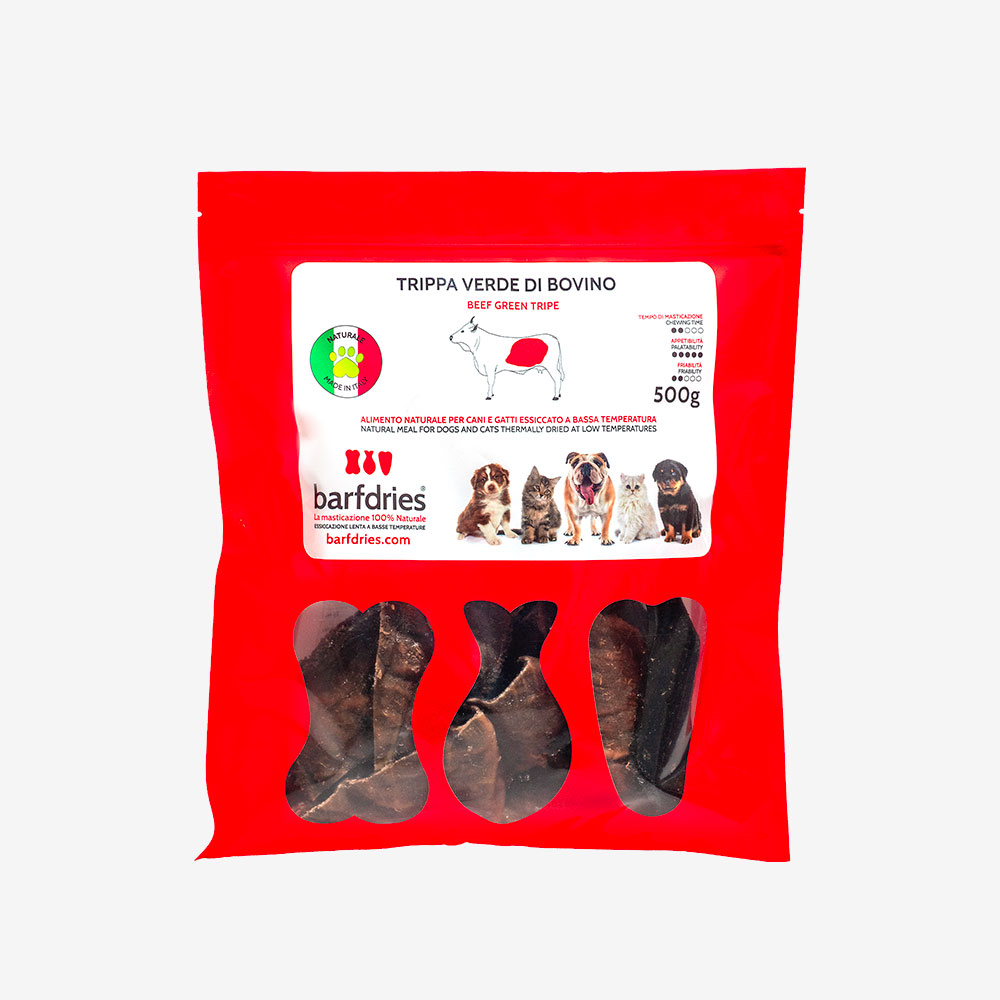 TRIPPA VERDE DI BOVINO 500GR BARFDRIES - prodotto per la masticazione per cani